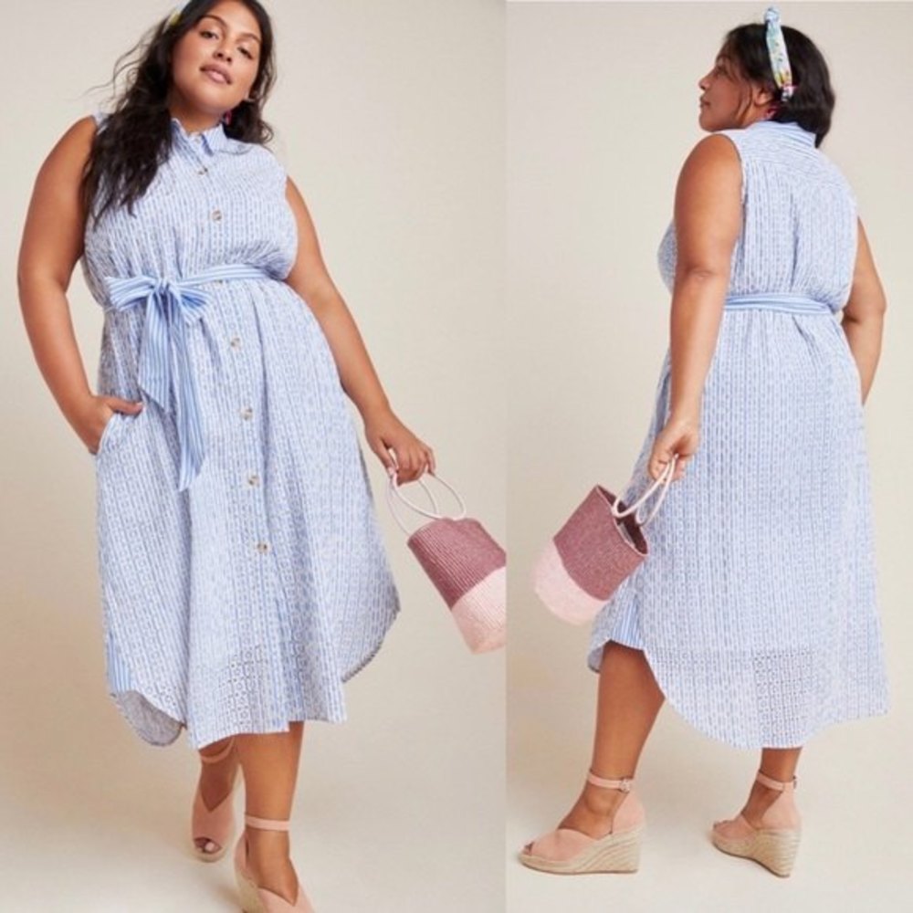 Anthropologie Kismet Blue and White Eyelet Embroidered Midi Shirt Dress Size 12